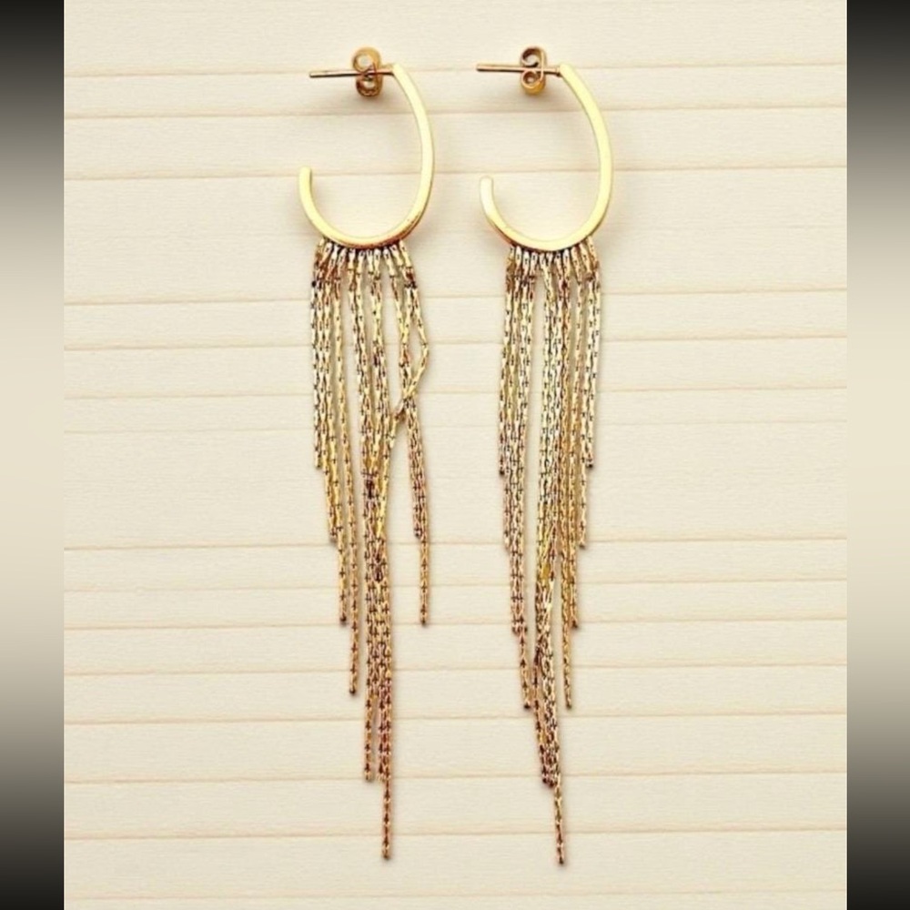 Long gold earrings - stainless steel pendant chain jewelry - evening accessory